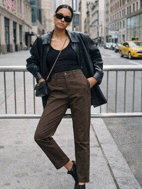 PAIGE Rianne Khaki Straight Leg Pants Size 28 Raw Hem High Rise Stretch Casual